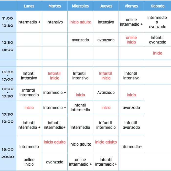 Horario de cursos de chino para adultos y ni&ntilde;os