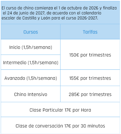 Horario de cursos de chino y cultura china